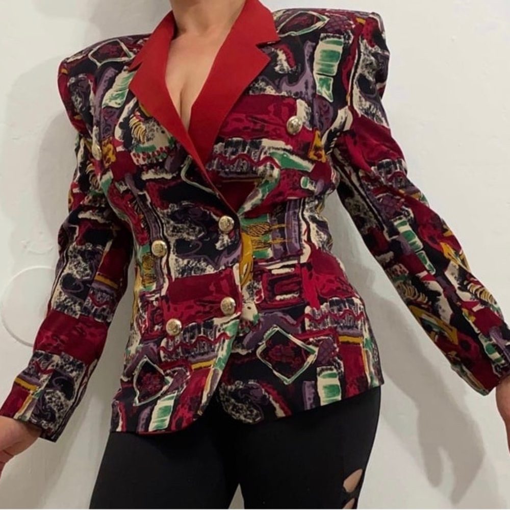 Victory Town Vintage Women’s S Art Deco Button up Blazer Jacket Colorful 90s